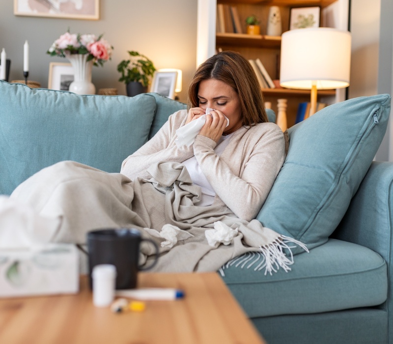 A woman at home suffering from a cold.